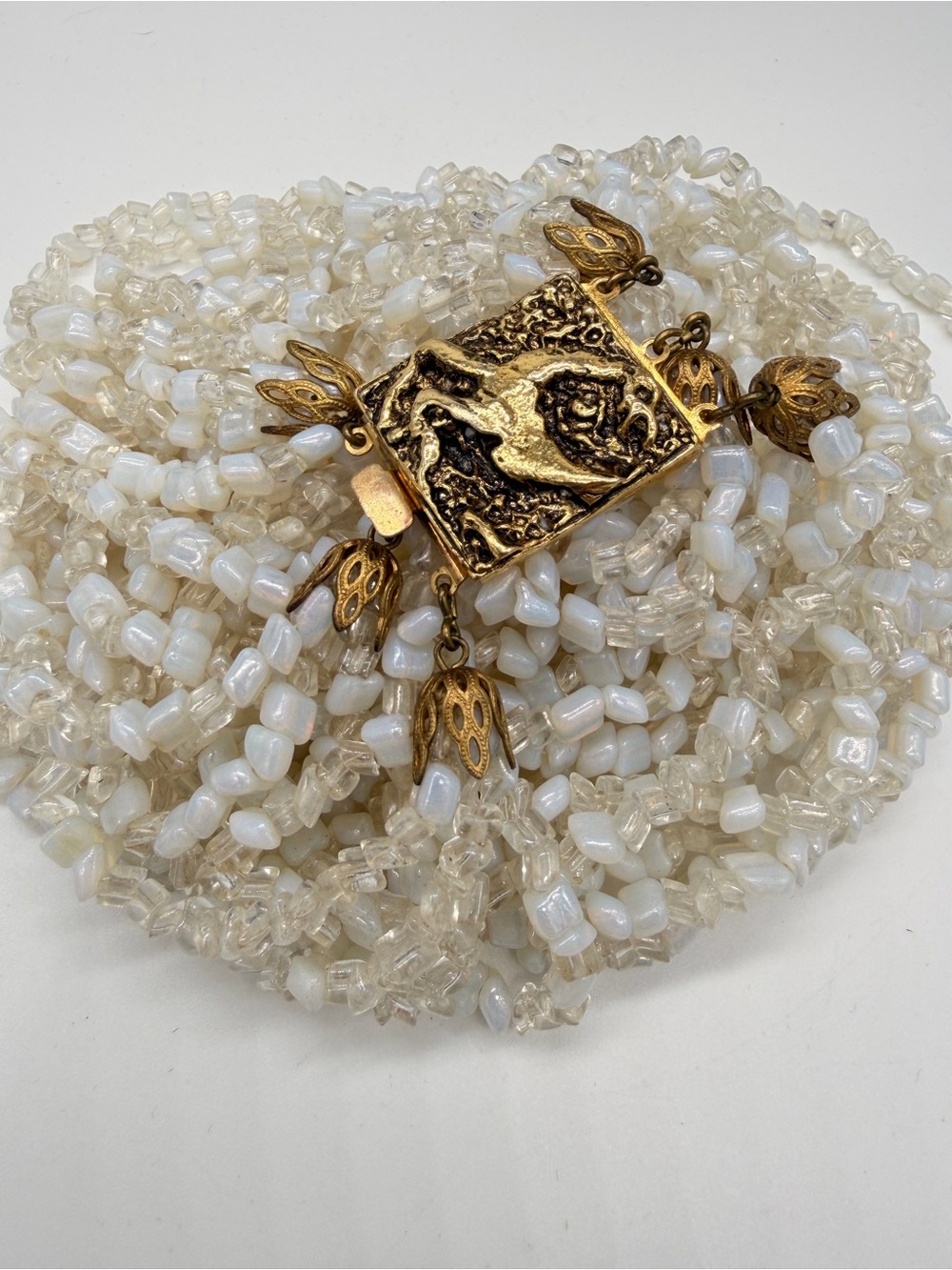 Vintage Italian 14-Strand Beaded Statement Necklace Brutalist Figural Clasp